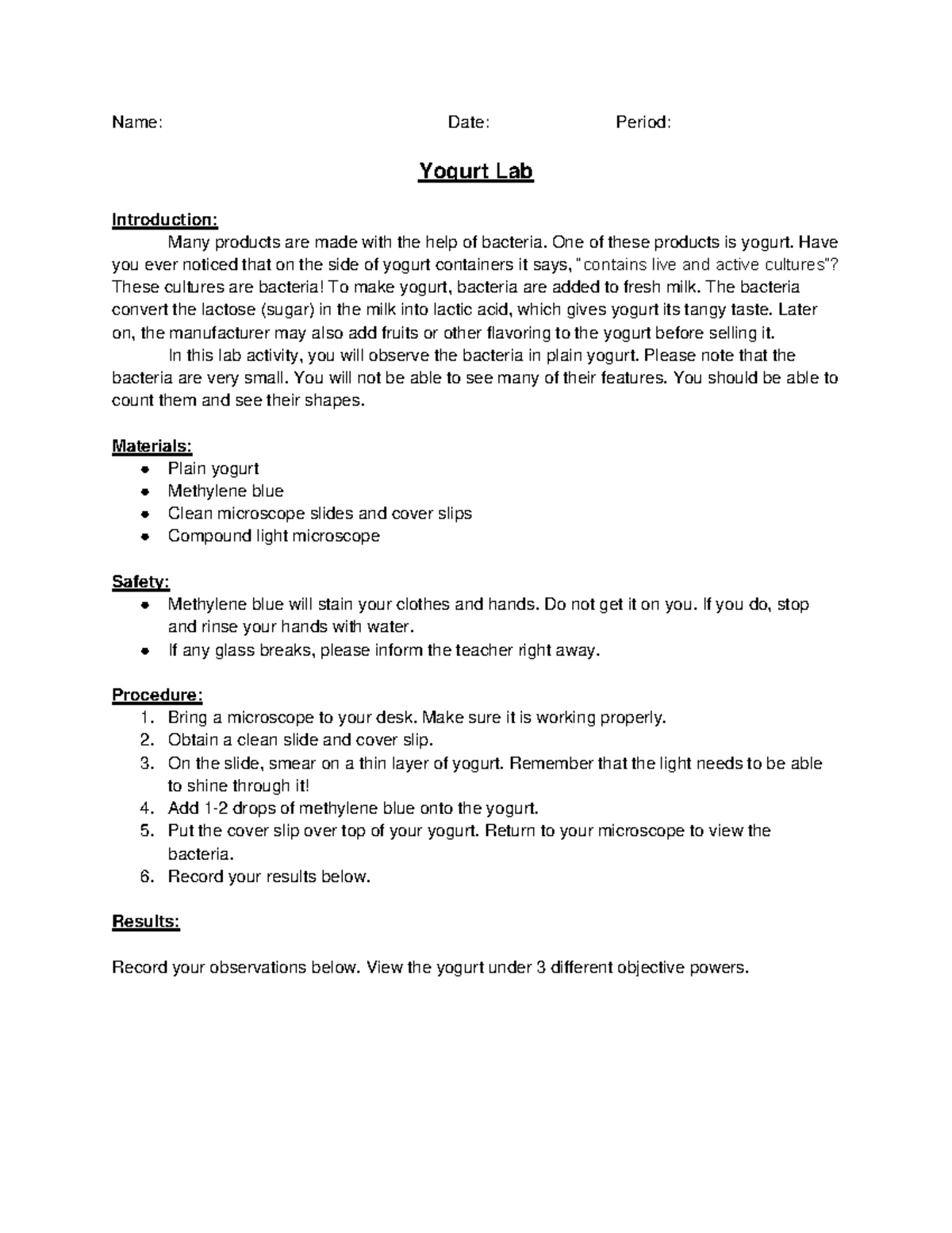 Bacteria lab Grade 11 biology Name Date Period Yogurt Lab