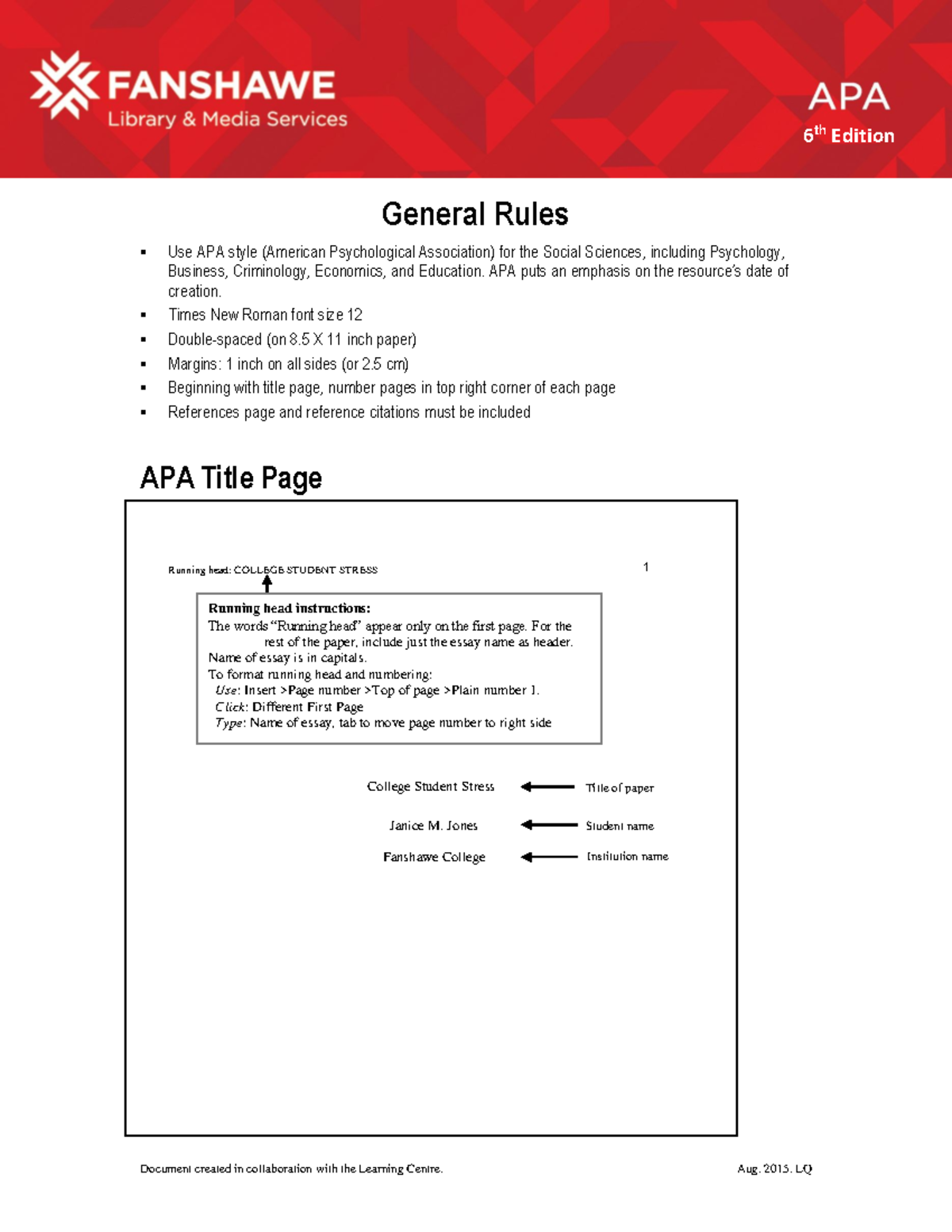 APA 6th Edition Aug2015 2 - Running head: APA REFERENCES & CITATIONS 1 ...