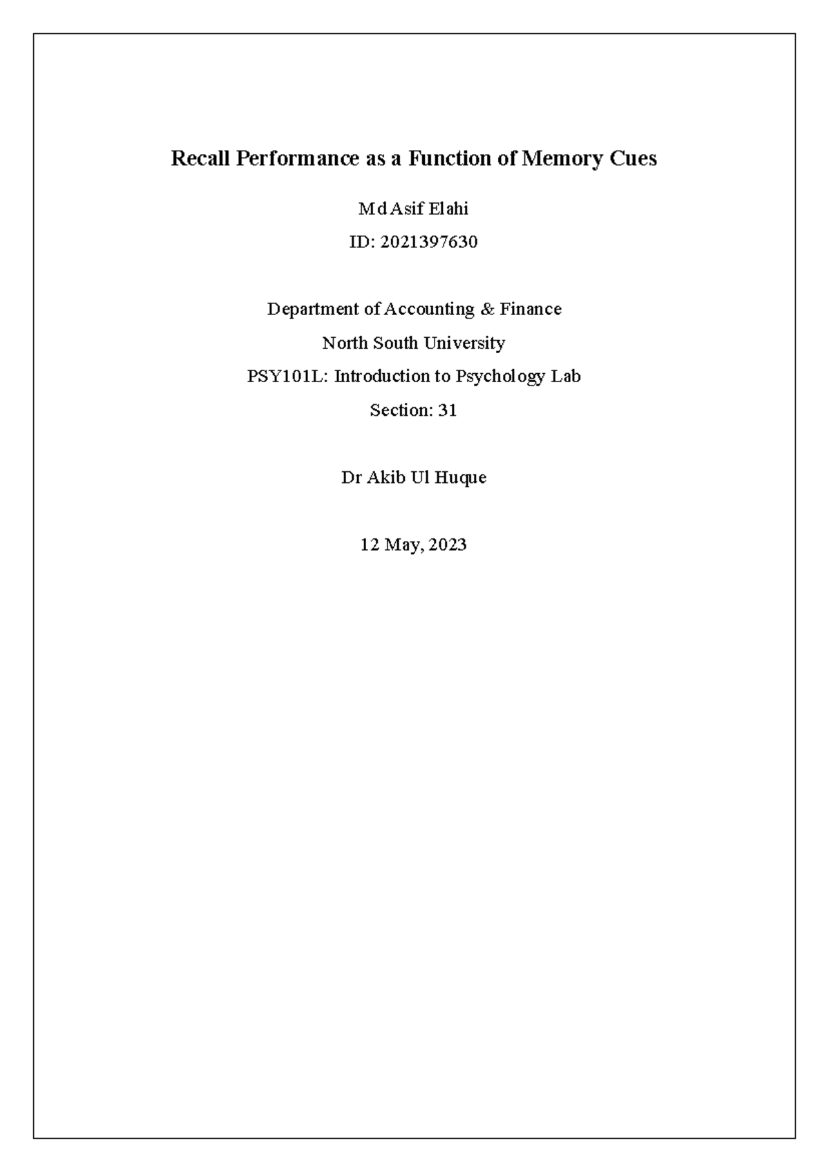 Research Report PSY101-Lab - Recall Performance as a Function of Memory ...
