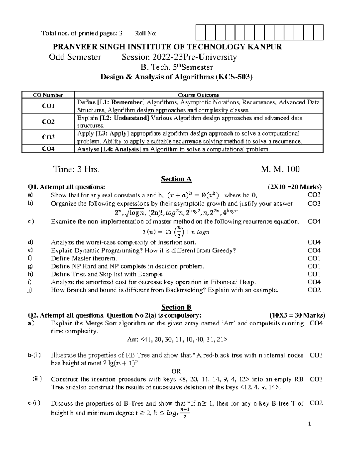 DAA Paper Rubrics update - Total nos. of printed pages: 3 Roll No ...