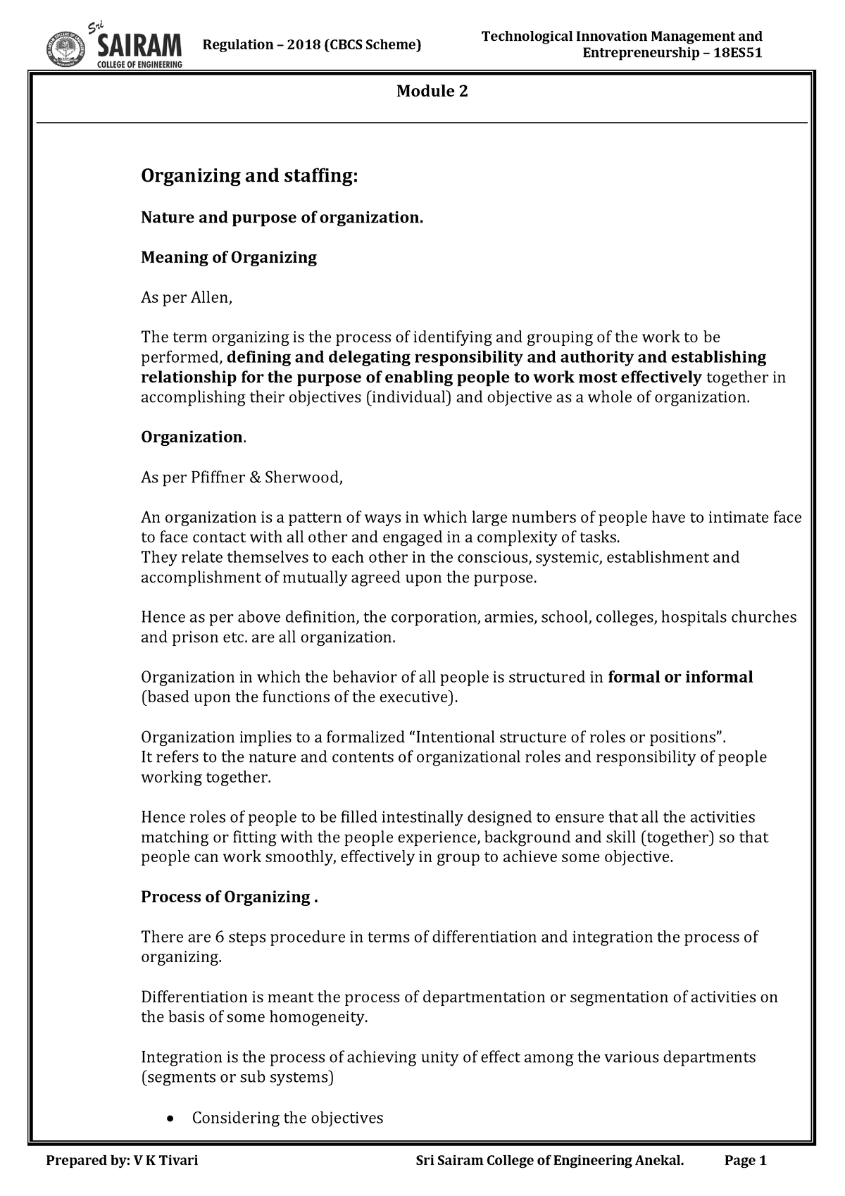 Module 2 - Lecture Notes 2 - Module 2 Organizing And Staffing: Nature ...