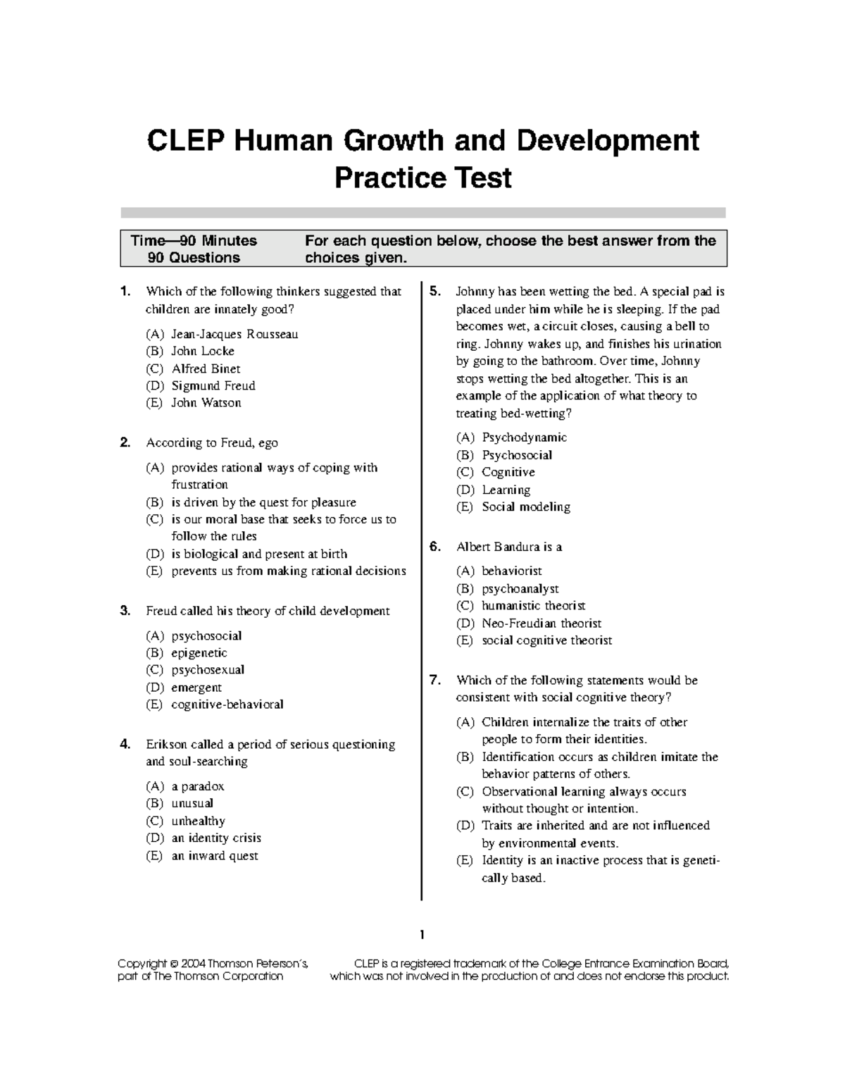 Clep Human Growth And Development Practice Test - Copyright 2004 ...