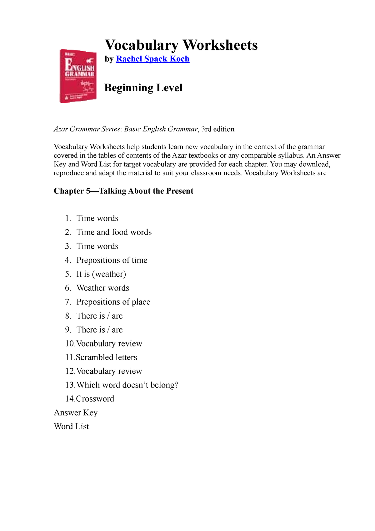 chapter 5 talking about the present vocabulary worksheets by rachel spack koch beginning level studocu