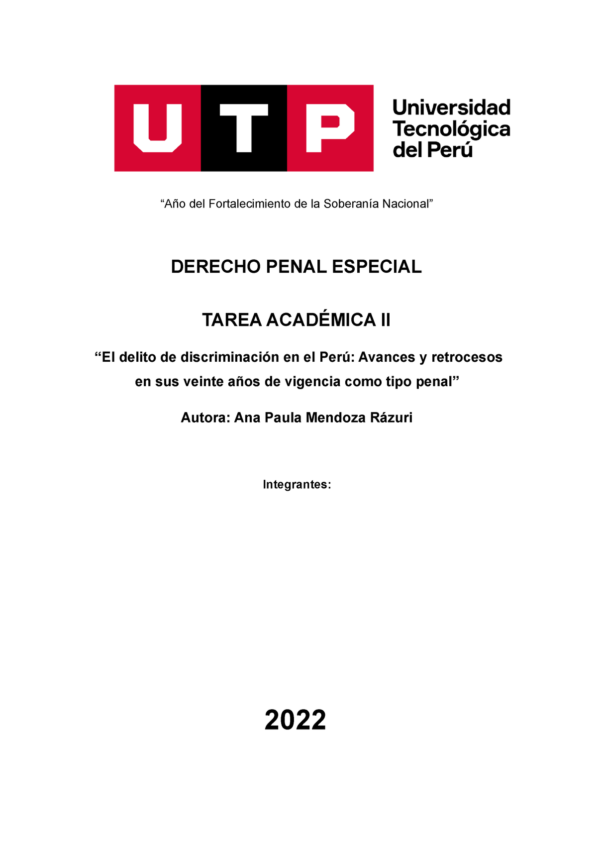 Tarea Académica II - “El Delito De Discriminación En El Perú: Avances Y ...