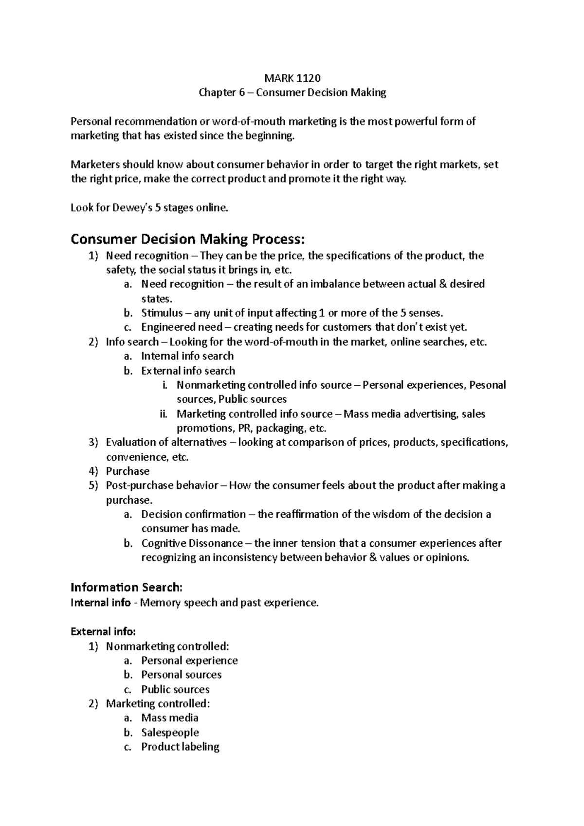 MARK Chapter 6 Lecture Notes - MARK 1120 Chapter 6 – Consumer Decision ...