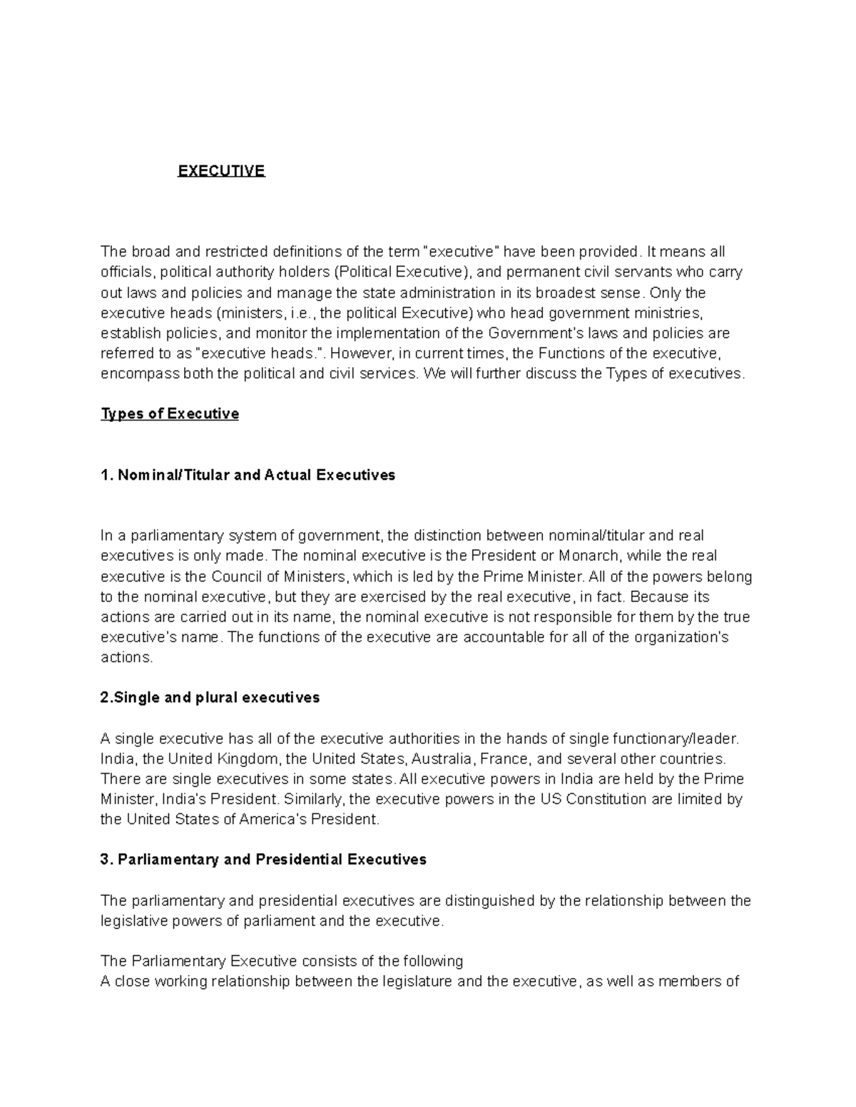 Executive - Powers and functions - EXECUTIVE The broad and restricted ...