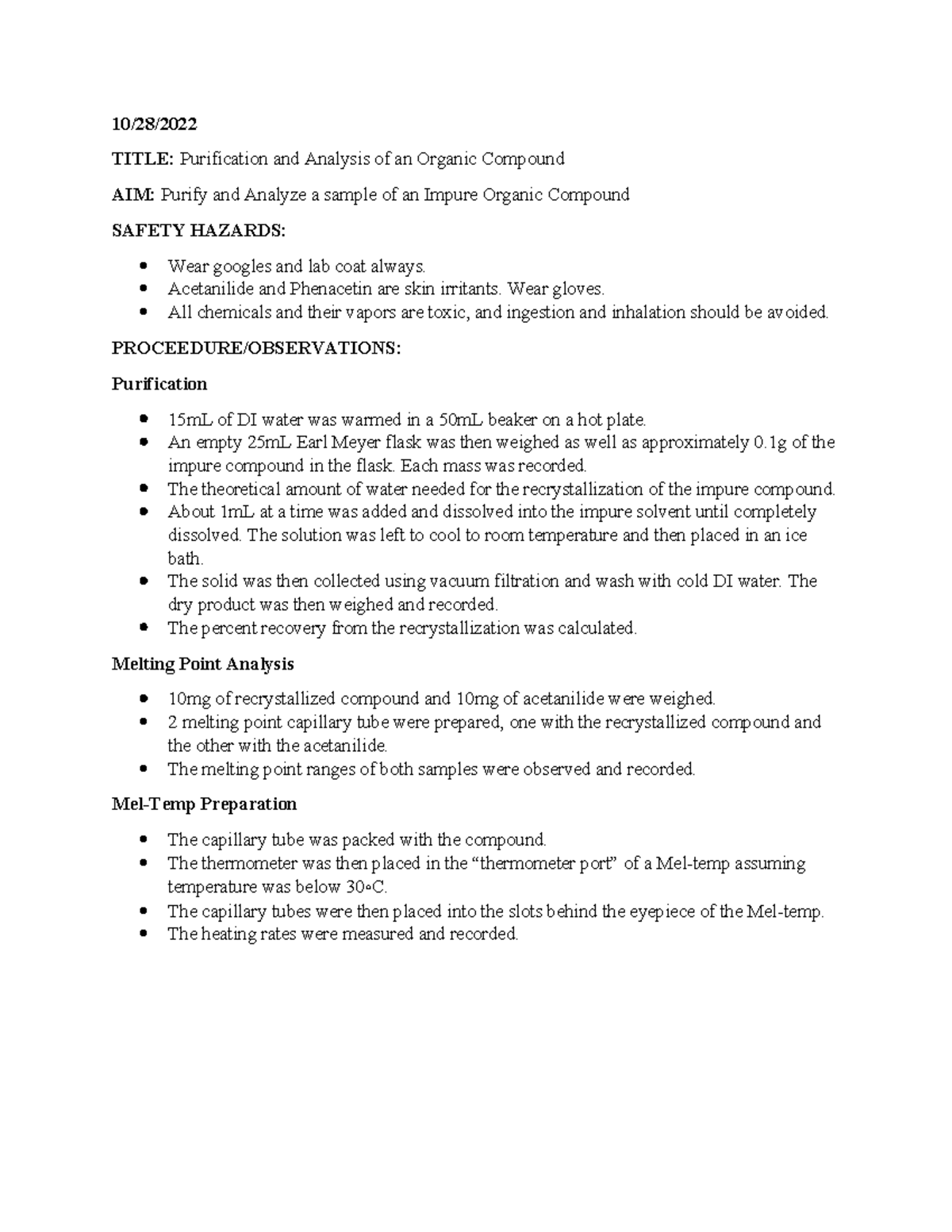 Orgo lab 3 - Lab report - 10/28/ TITLE: Purification and Analysis of an ...