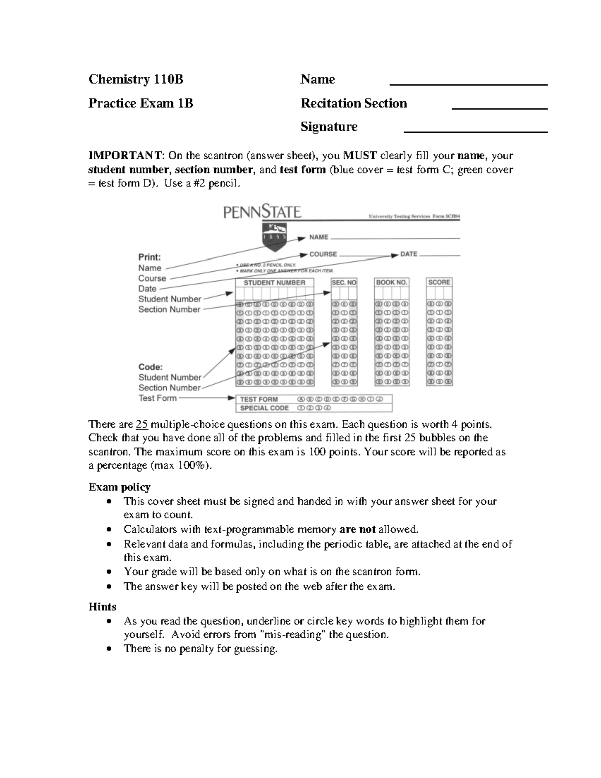 CHEM 110 B - Practice Exam 1B (Solutions) - Chemistry 110B Name ...