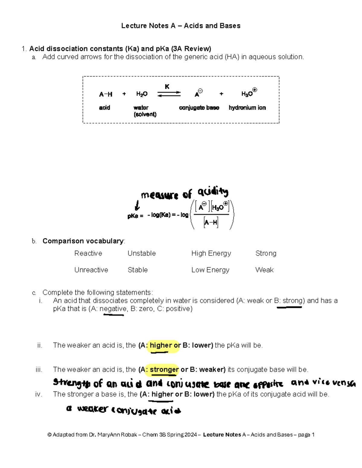 Lec A - notes - Lecture Notes A – Acids and Bases Acid dissociation ...