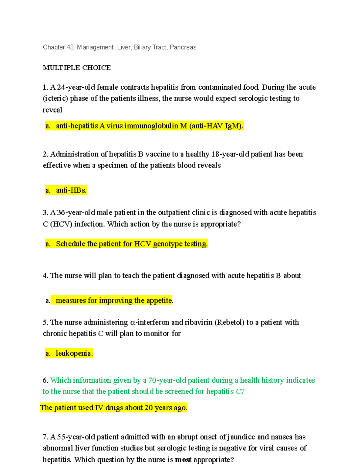 Adult 2 Exam 2 - Nursing - Chapter 43. Management: Liver, Biliary Tract ...