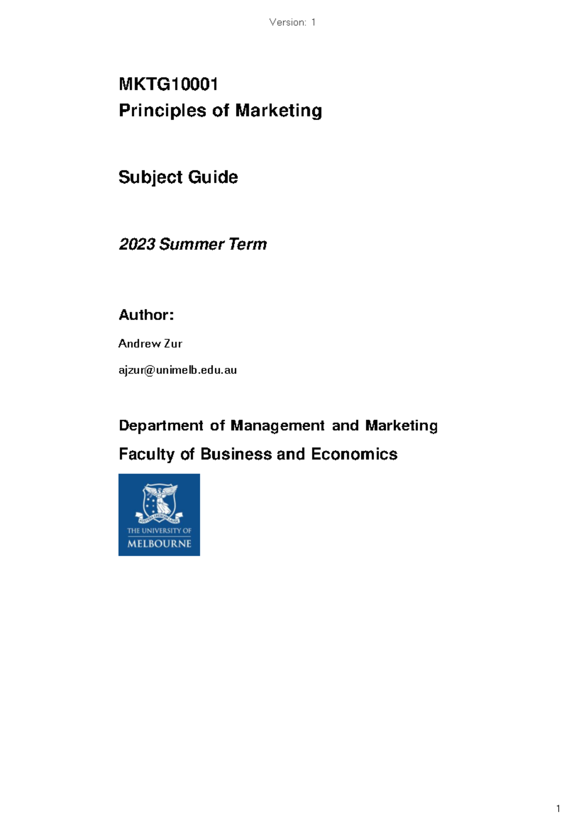 Summer Semester 2023. Subject guide - MKTG Principles of Marketing ...