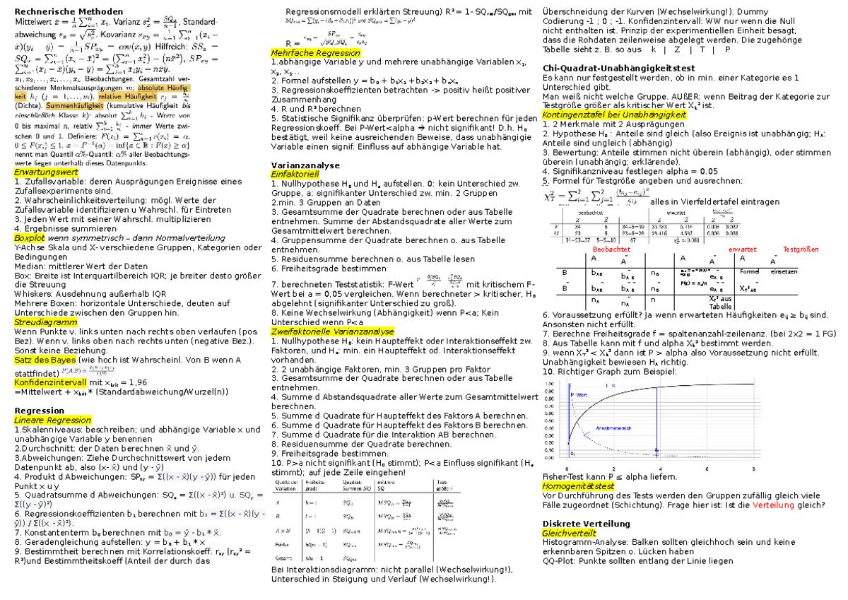 Formelsammlung Statistik - Rechnerische Methoden Erwartungswert ...
