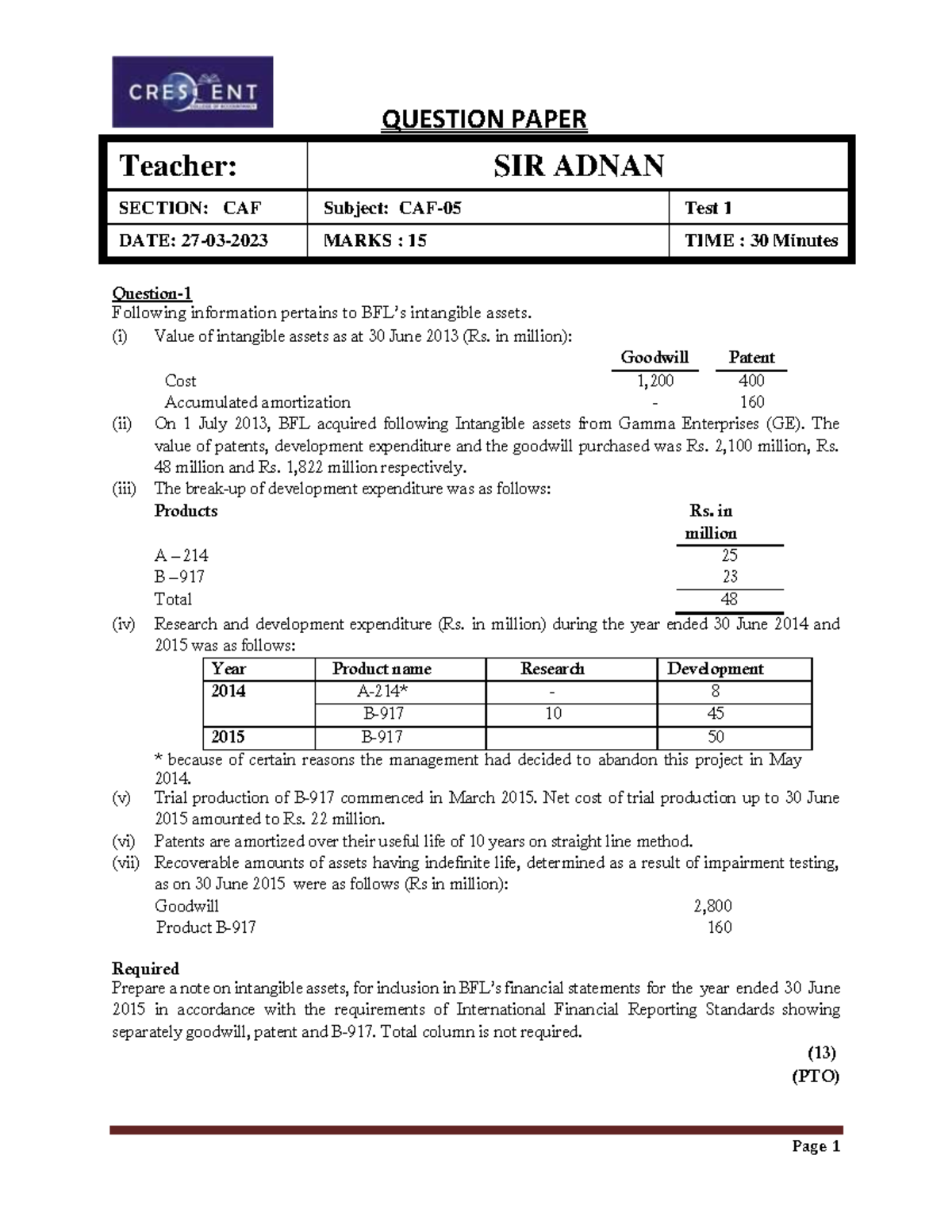 CAF 5 - FAR II - Sep 2023 Tests - QUESTION PAPER Teacher: SIR ADNAN ...