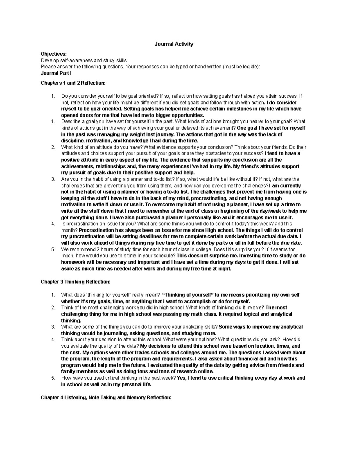 Journal acitivty part 1 - Journal Activity Objectives: Develop self ...