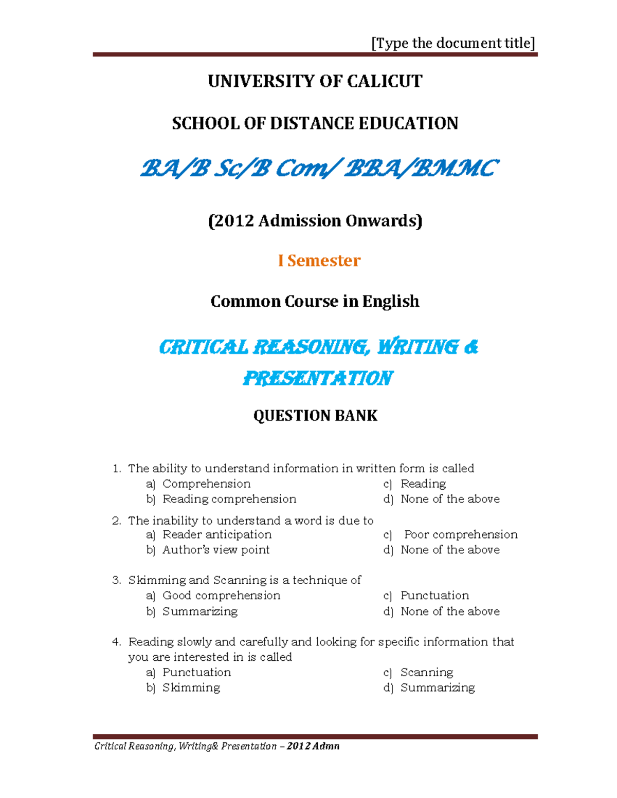 Criticalreasoning SDE without key UNIVERSITY OF CALICUT SCHOOL OF