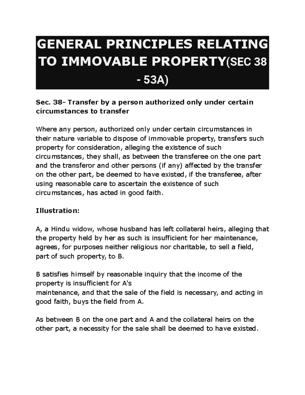 General Principles Relating TO Immovable Property SEC 38-53 - GENERAL ...