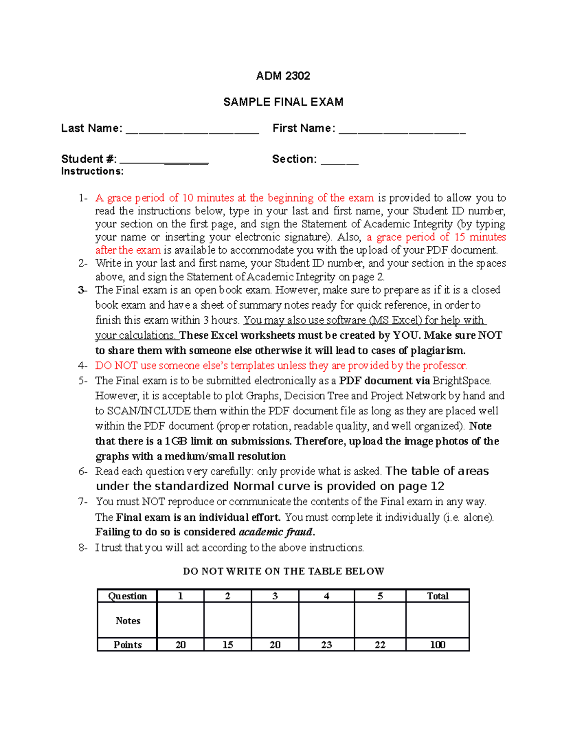 1. Sample Final Exam - other - ADM 2302 SAMPLE FINAL EXAM Last Name