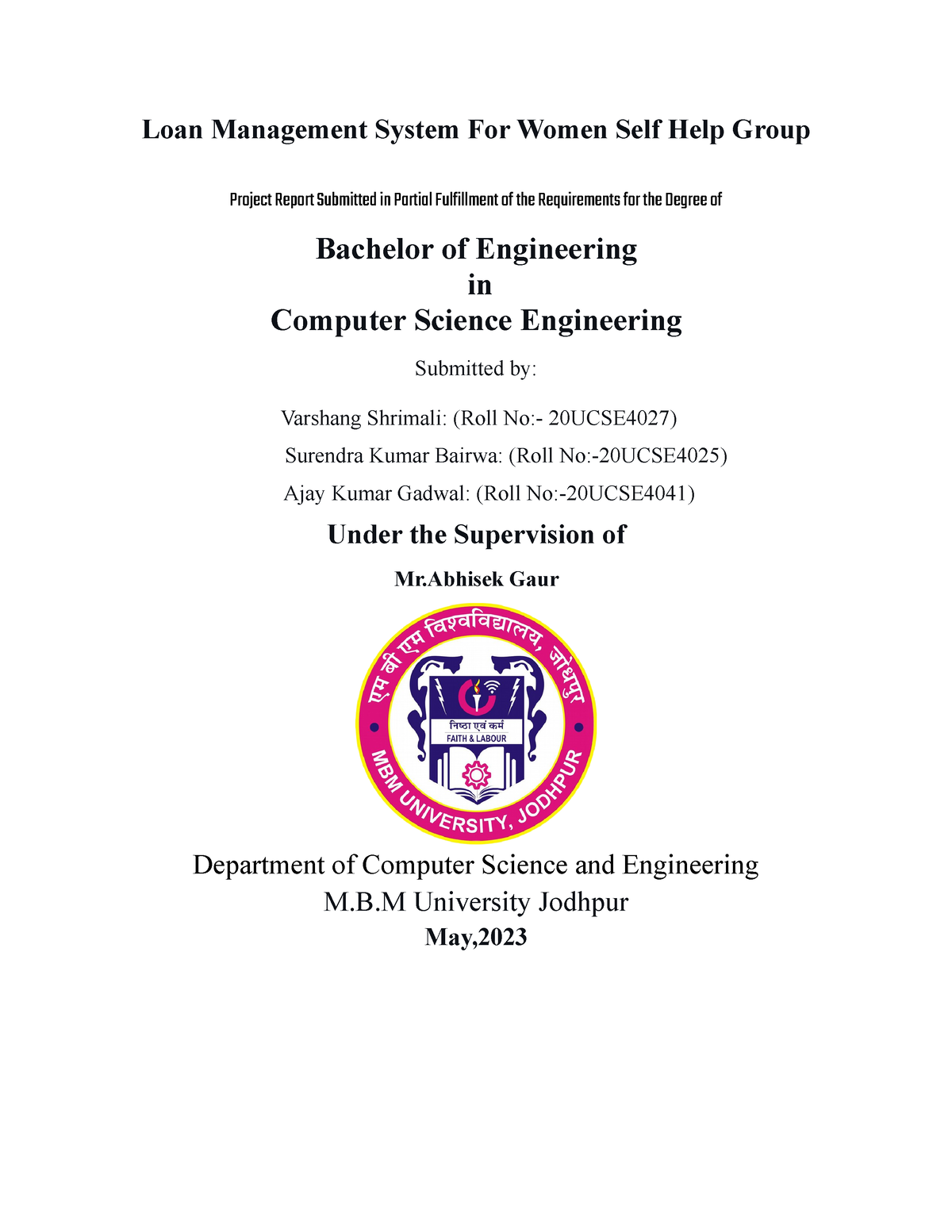 Project Report - B University Jodhpur May, Department Of Computer ...