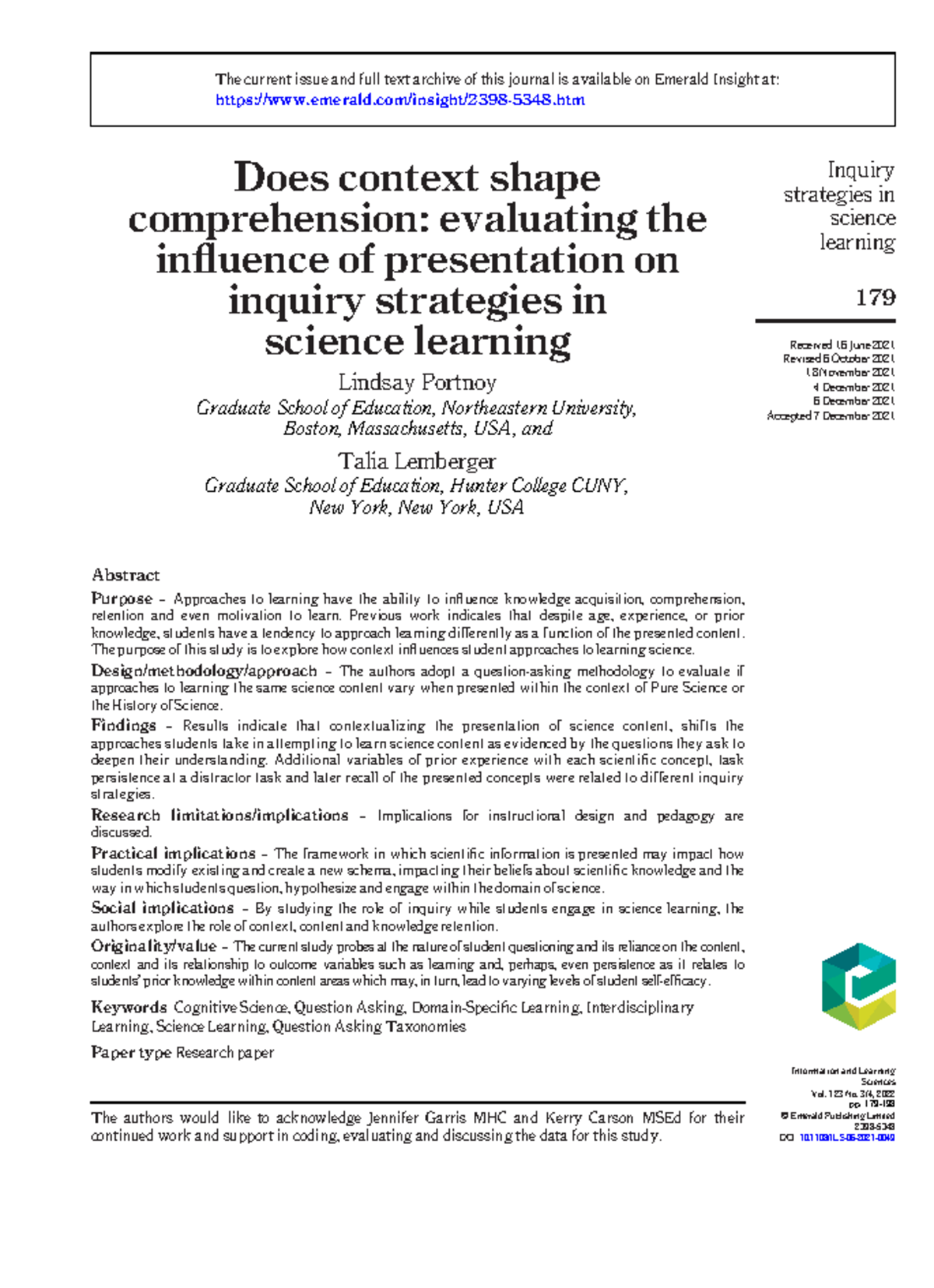 10-1108 ILS-06-2021-0049 - Does context shape comprehension: evaluating ...