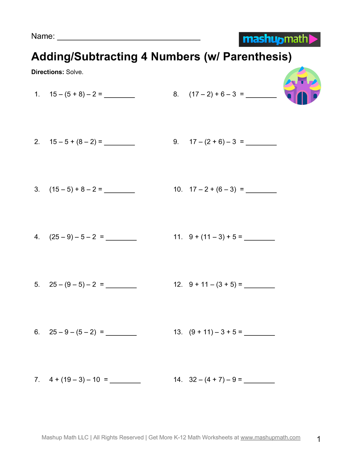 Adding Subtracting+4+numbers+(w +parenthesis)+(a) - Mashup Math Llc 