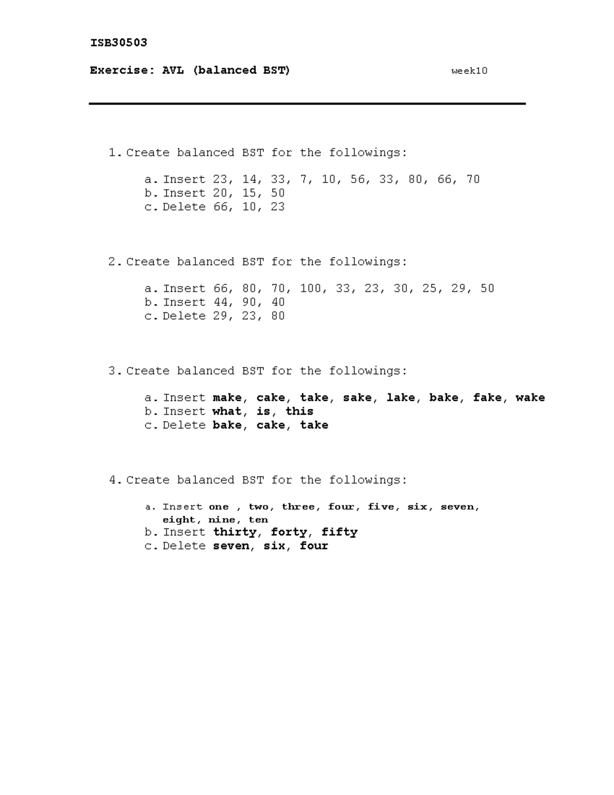 AVL Exercise - ISB Exercise: AVL (balanced BST) week 10 1. Create ...