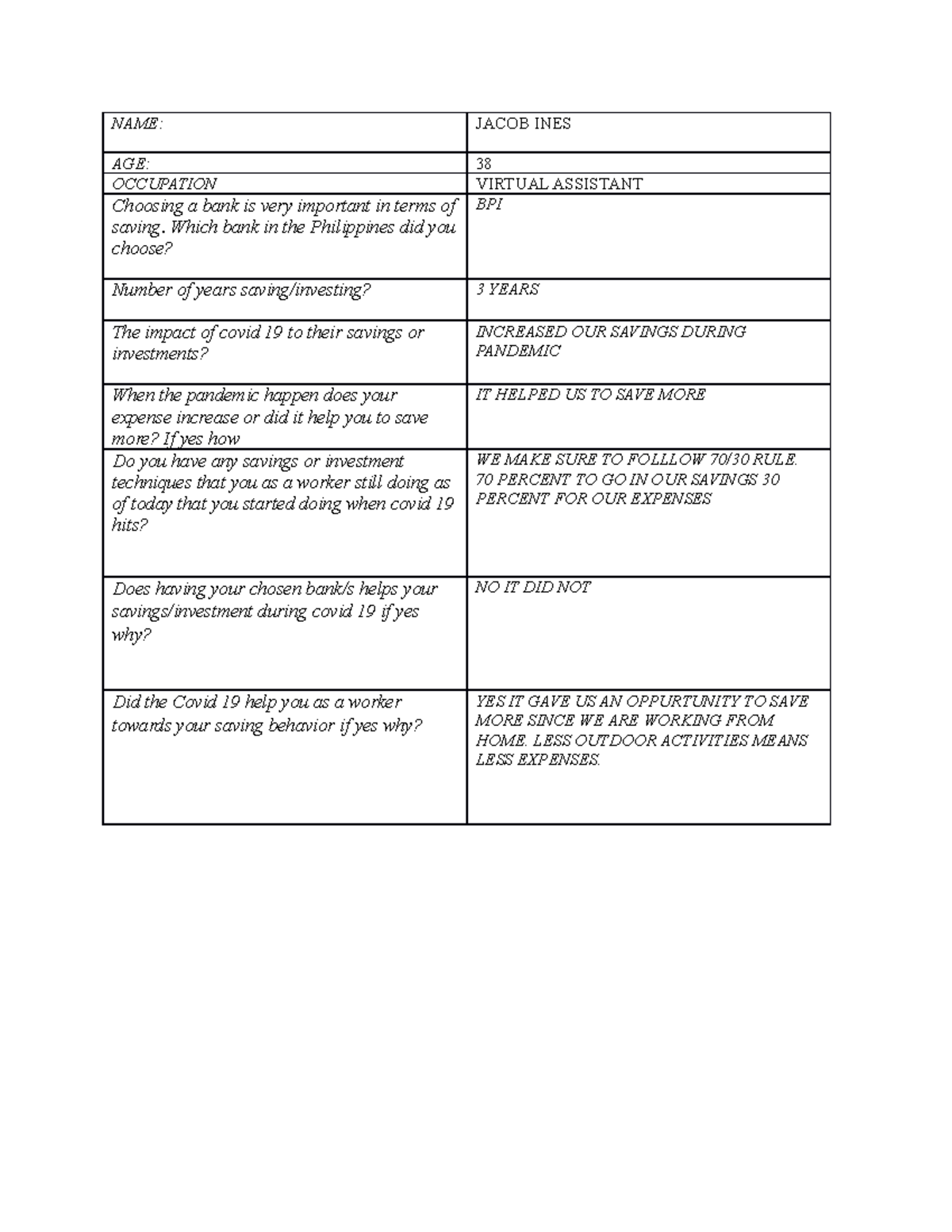 Respondents Answers Tabular FORM - NAME: JACOB INES AGE: 38 OCCUPATION ...