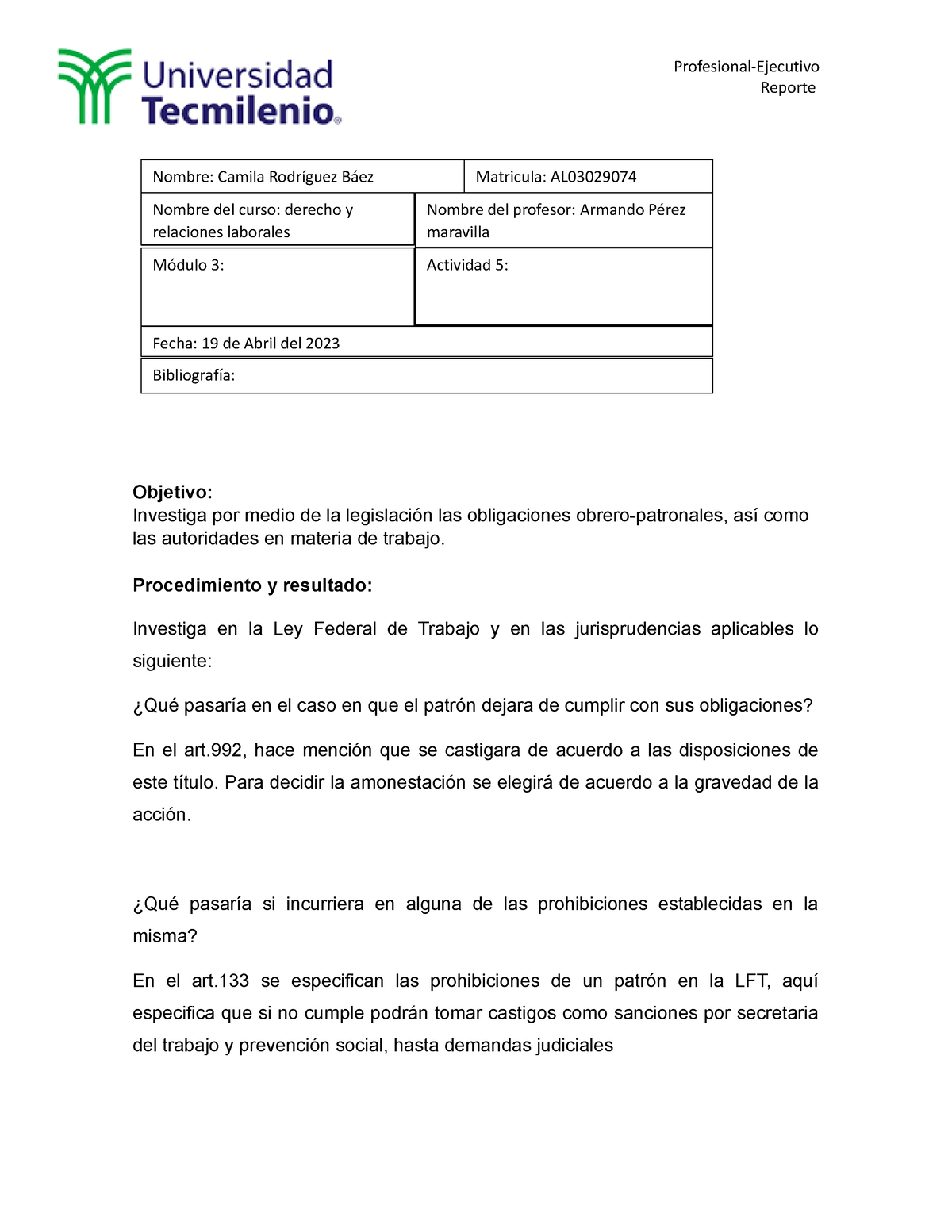 ACT. 5 Derecho Laboral - Actividad 5 - Reporte Objetivo: Investiga Por ...