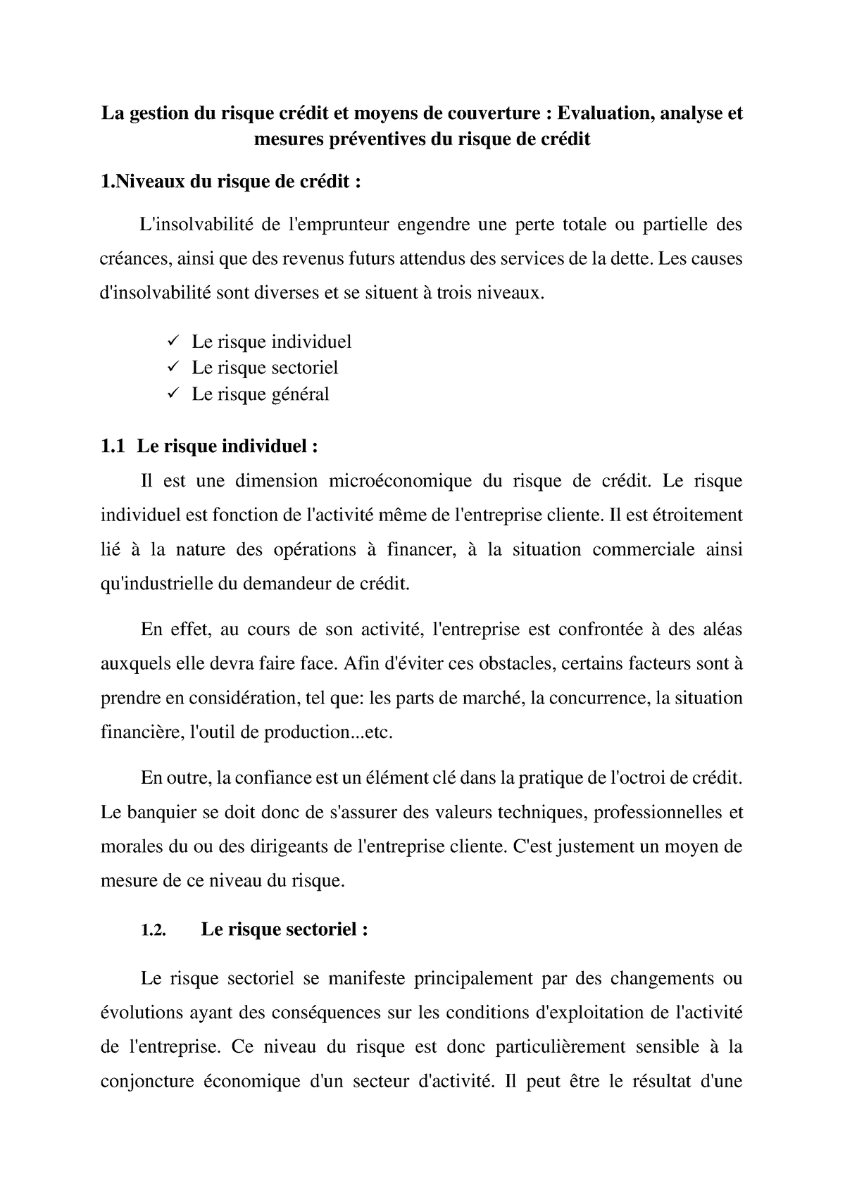 La Gestion Du Risque Crédit Et Moyens De Couverture :Evaluation ...