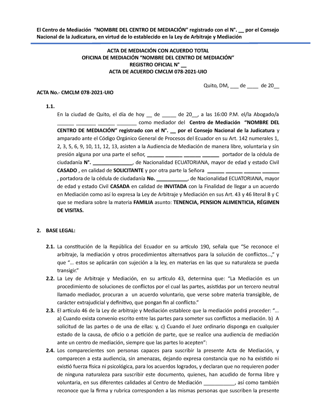 4 Modelo Acta De Mediacion Materia Familia Asunto Tenencia Pension Alimenticia Regimen De 9934