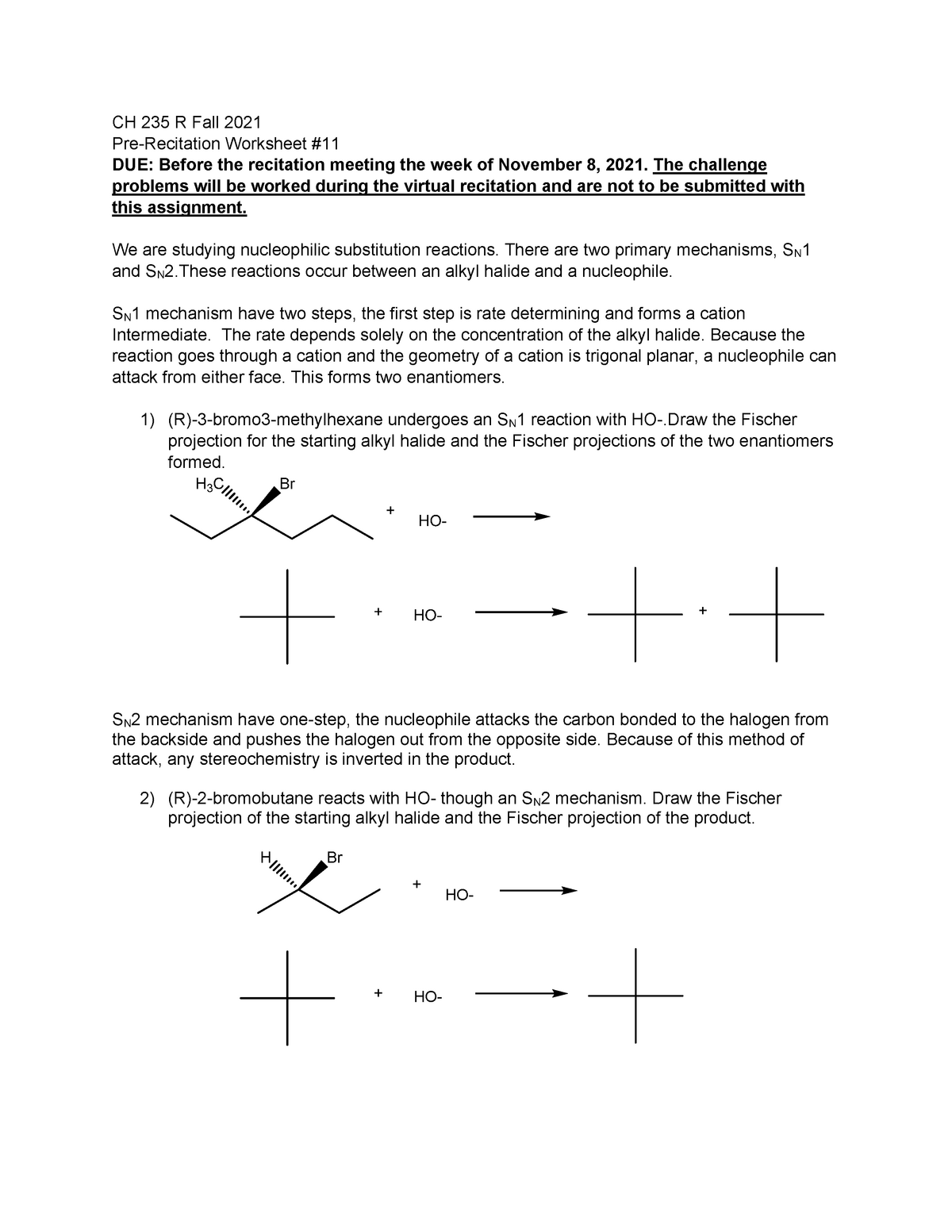 Recitation worksheet week 12 F 2021 - CH 235 R Fall 2021 Pre-Recitation ...