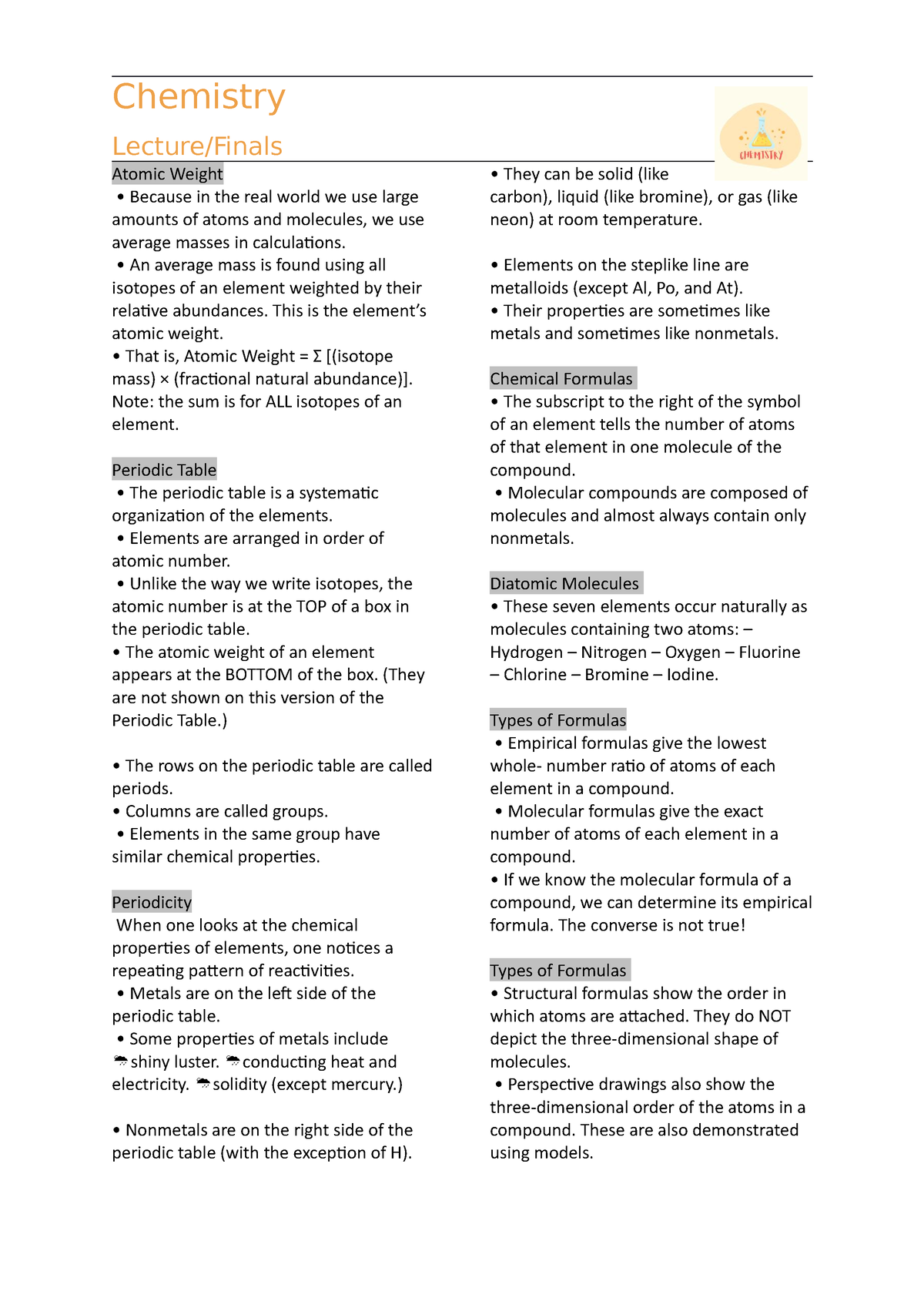 Notes For Atomc Weight To Nomenclature Of Binary Compounds Reviewer Chemistry Lecture Finals