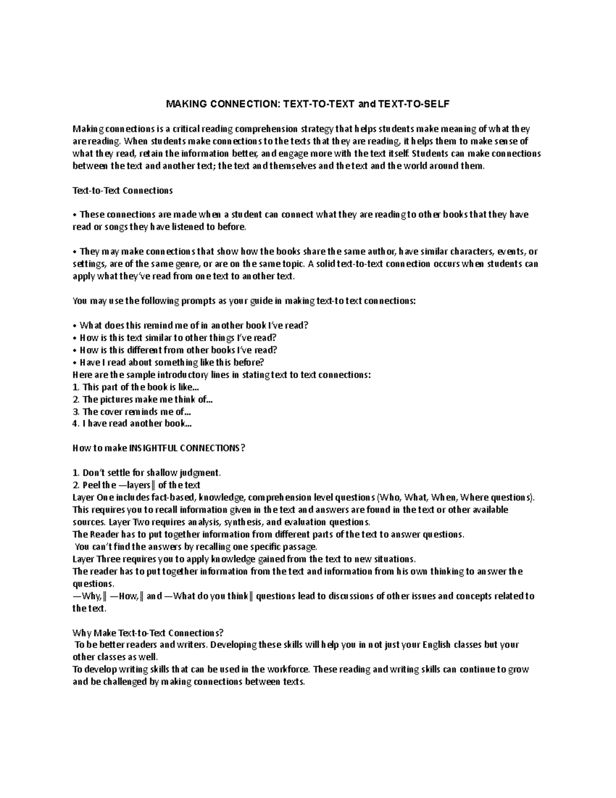 Copy 2 - MAKING CONNECTION: TEXT-TO-TEXT and TEXT-TO-SELF Making ...