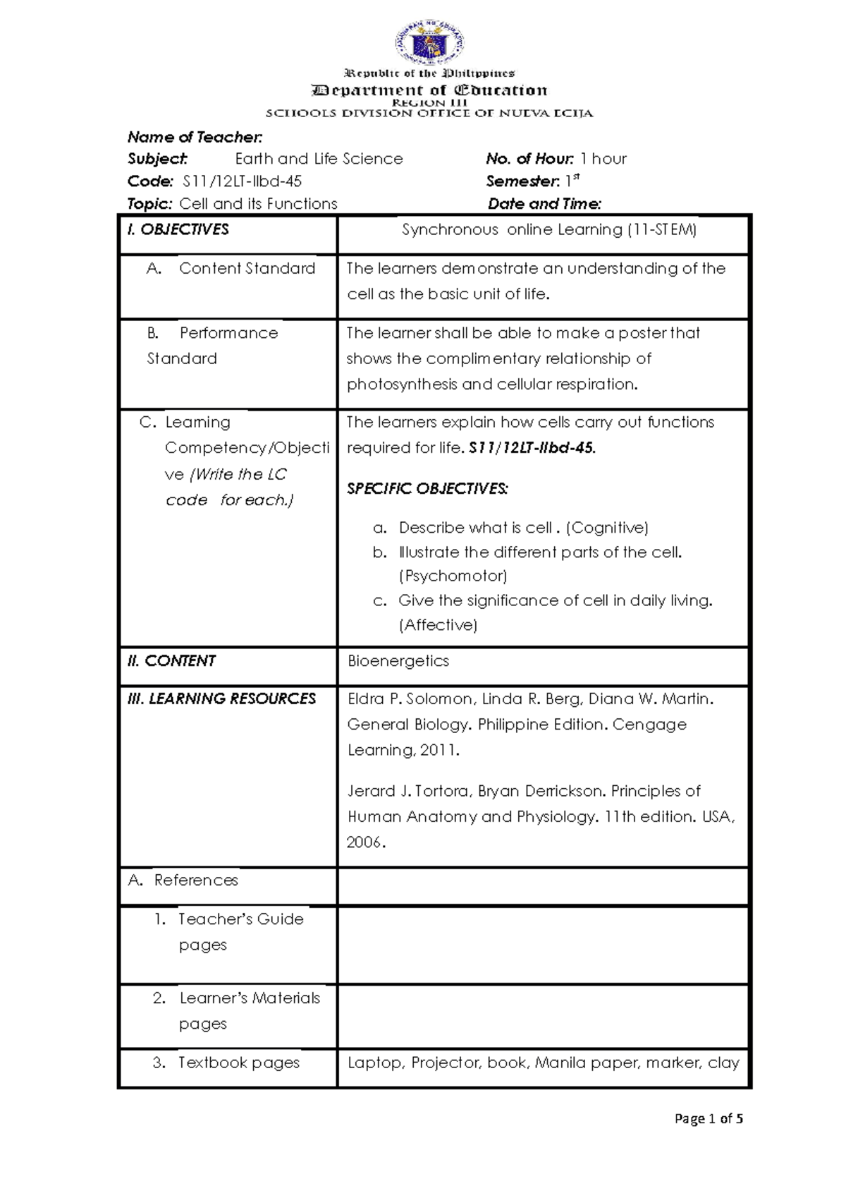 DLL Earth SCI 1st emester - Name of Teacher: Subject: Earth and Life ...