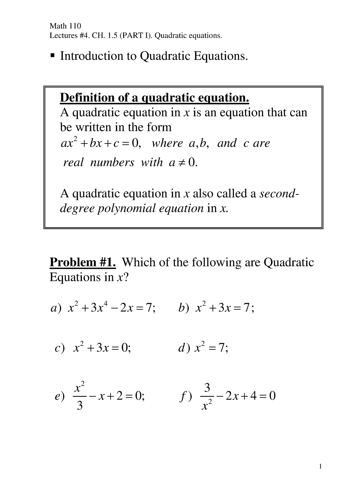 Introduction To Quadratic Equations - Lectures #4. CH. 1 (PART I ...