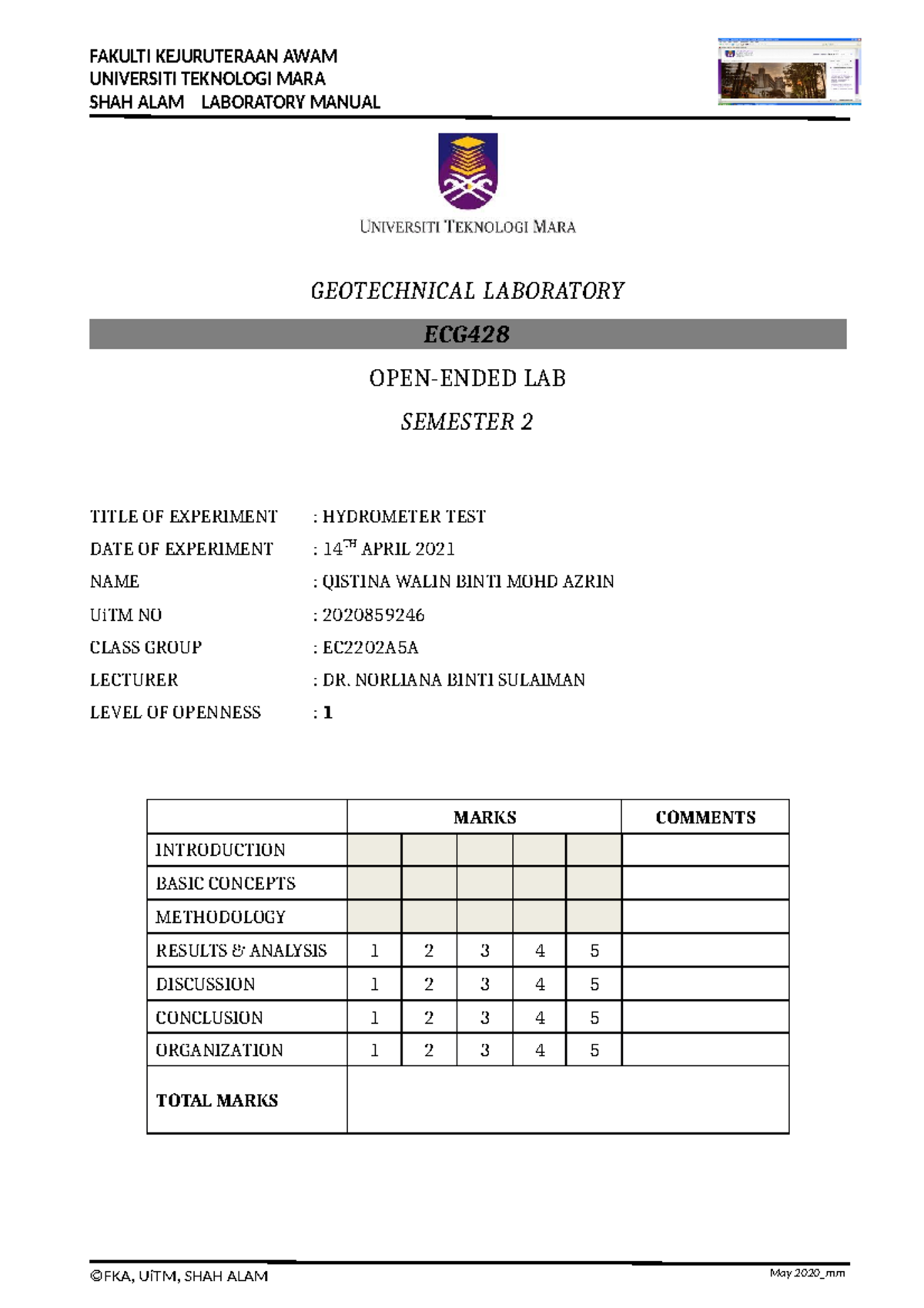 Lab 3 Hydrometer Test Level 1 qistina walin UNIVERSITI TEKNOLOGI MARA