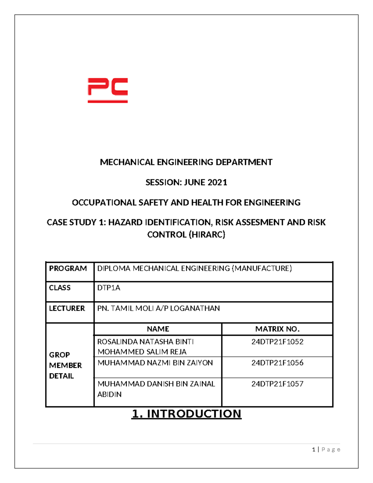 OSHA CASE STUDY 1 MECHANICAL ENGINEERING DEPARTMENT SESSION JUNE