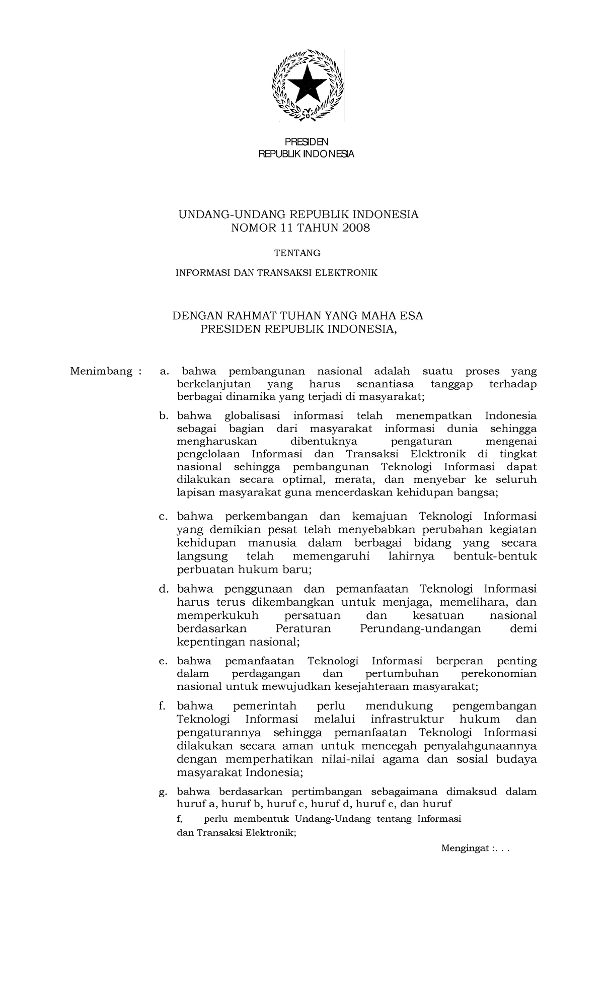 UU Nomor 11 Tahun 2008 - REPUBLIK INDONESIA UNDANG-UNDANG REPUBLIK ...