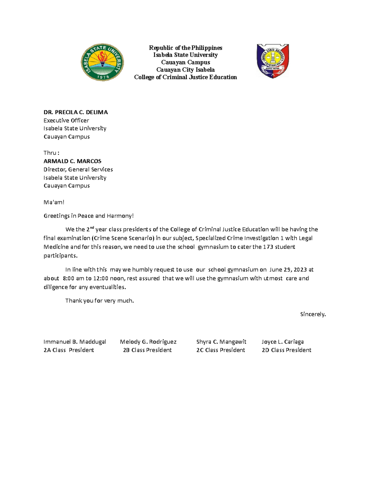 Request Letter (SC) - lets - Republic of the Philippines Isabela State ...