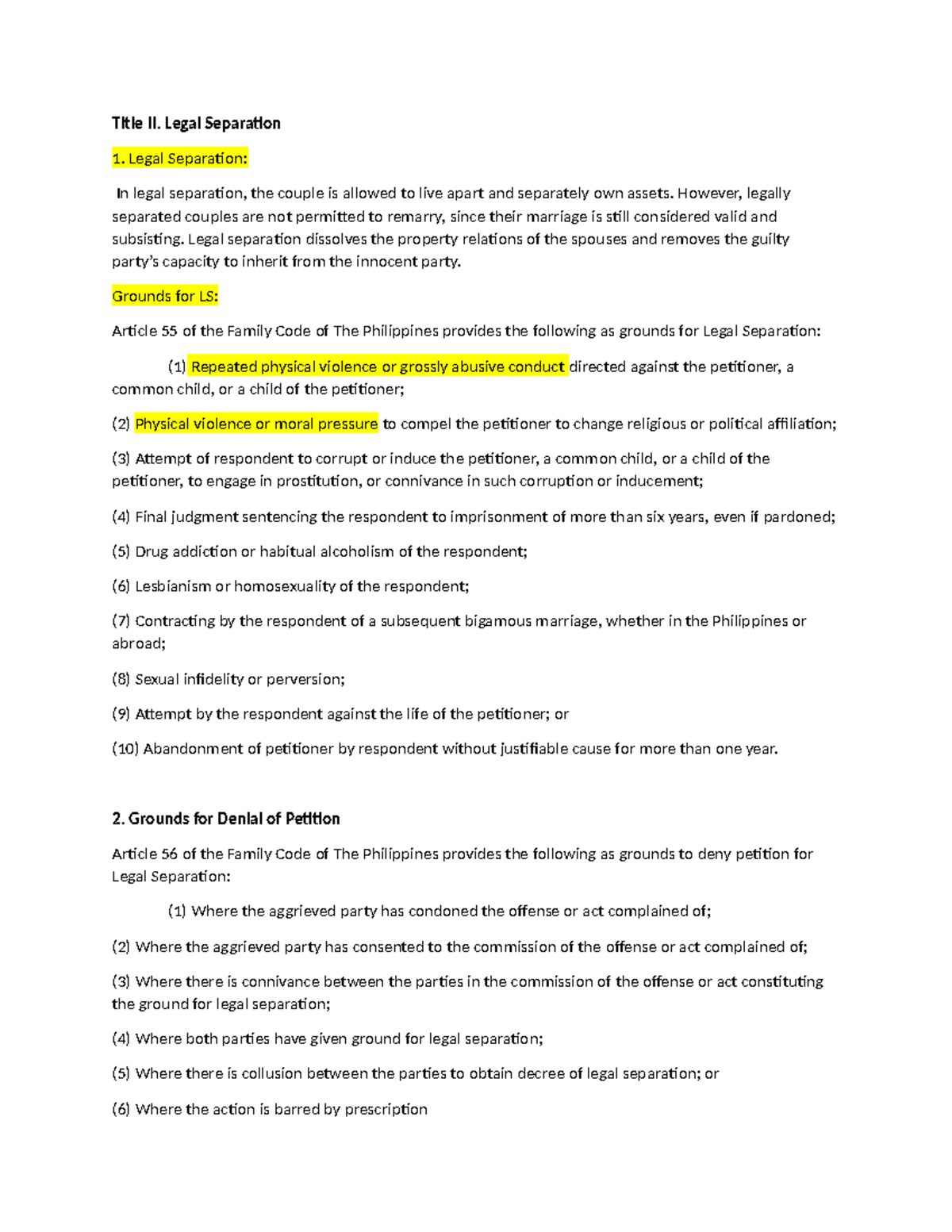 Reviewer PFR Legal Separation-The Family - Title II. Legal Separation 1 ...