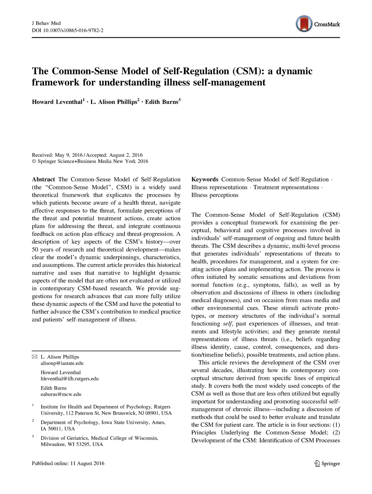 The Common-Sense Model Of Self-Regulation (CSM) (Leventhal 2016 ) - The ...