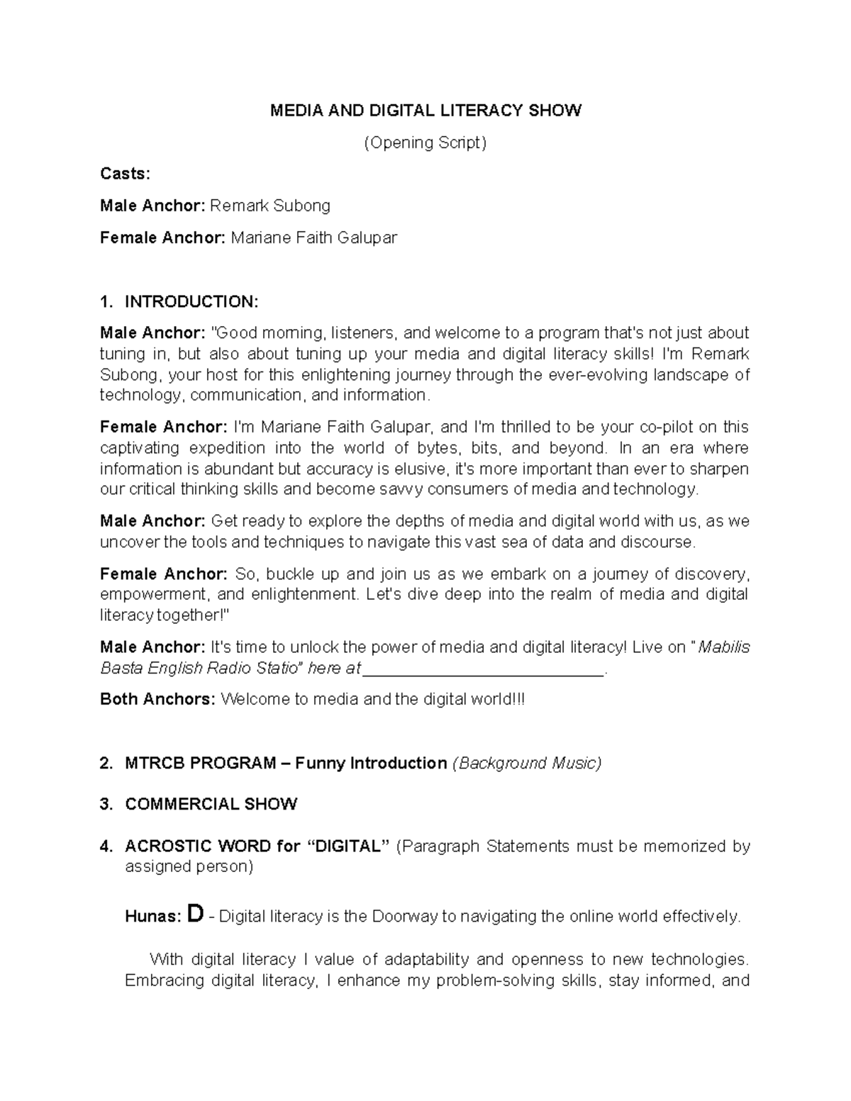 Media AND Digital Literacy SHOW Script - MEDIA AND DIGITAL LITERACY ...