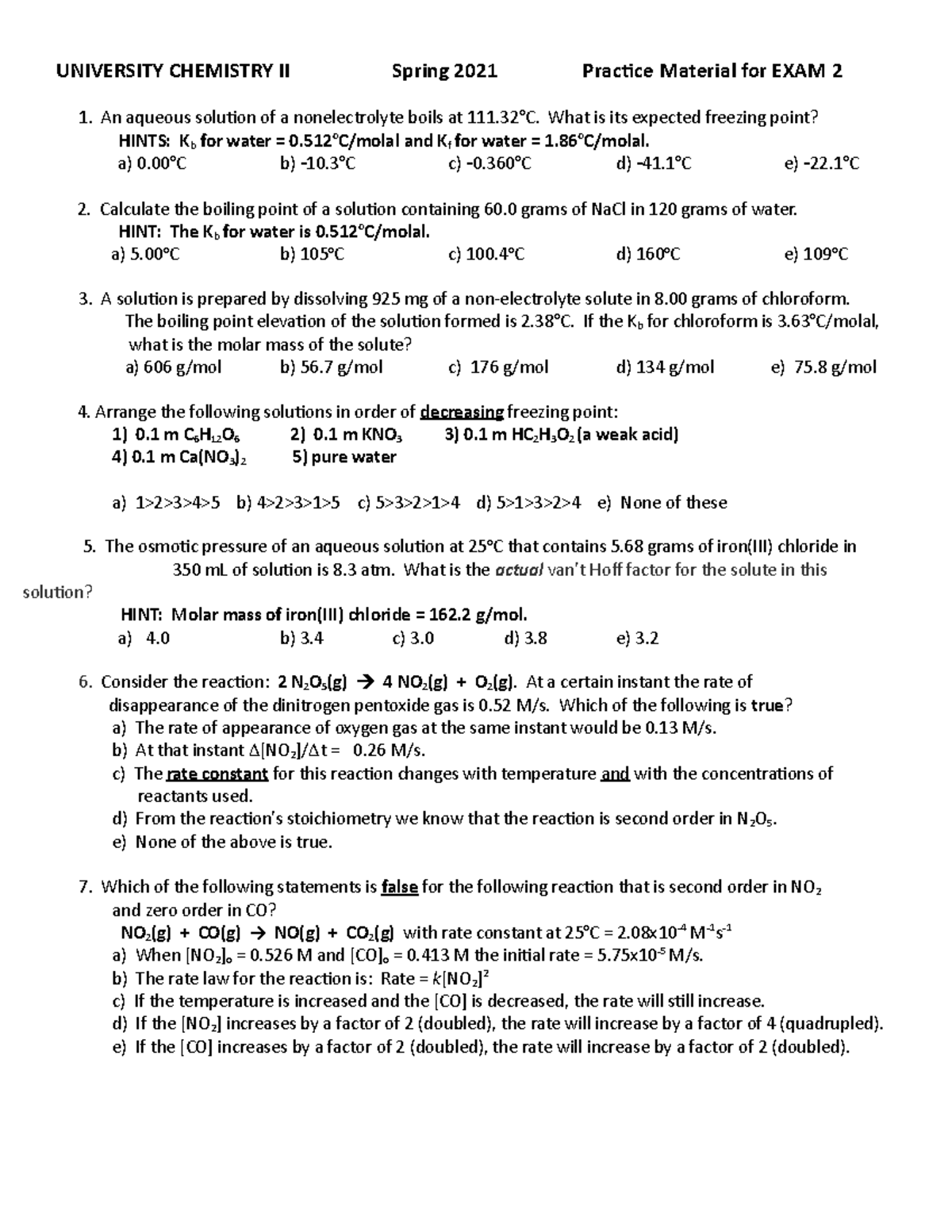 Practice Material for Exam 2 UC2 Spring 2021 - UNIVERSITY CHEMISTRY II ...