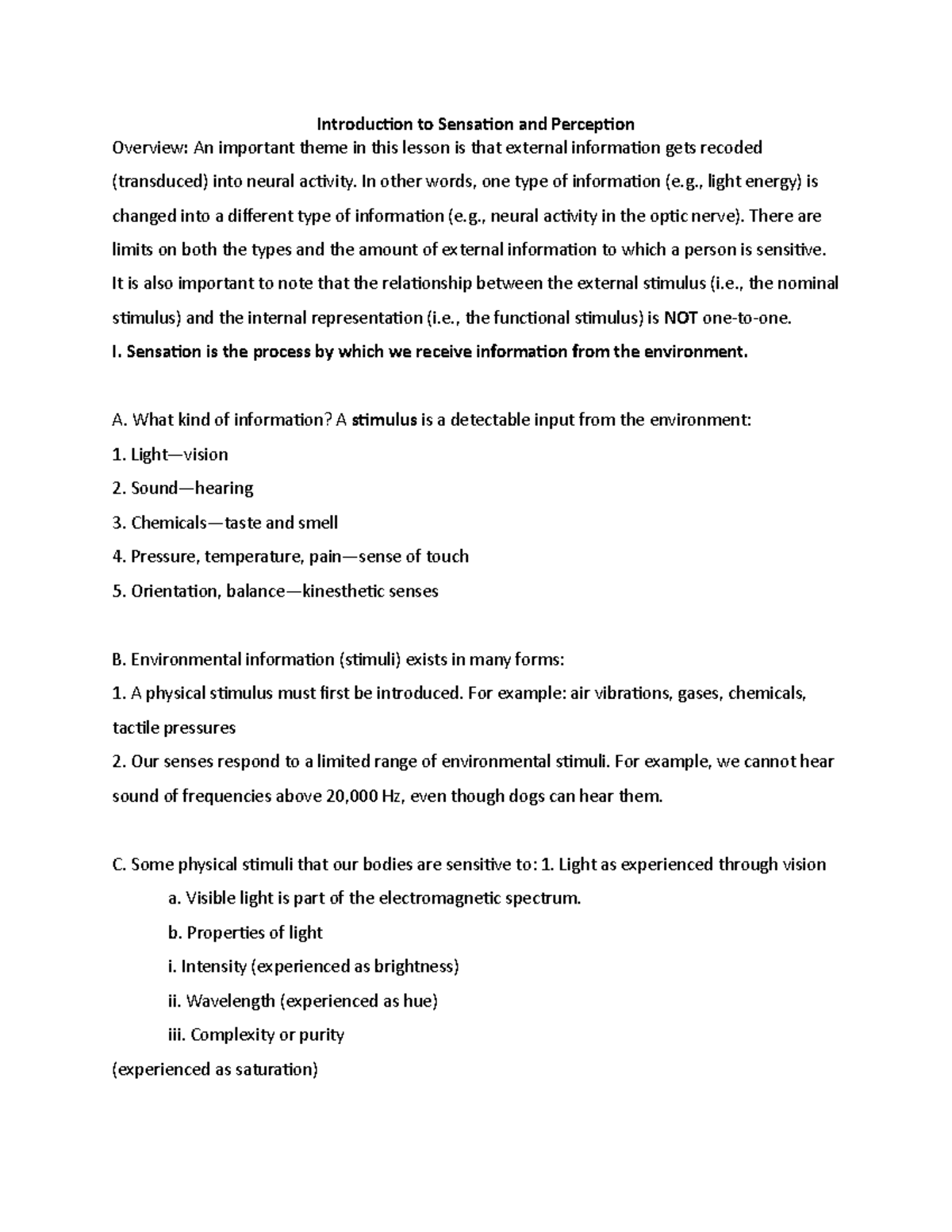 Sensation AND Perception Lecture Notes - Introduction to Sensation and ...
