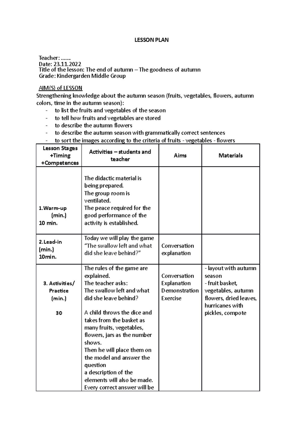 Lesson plan - LESSON PLAN Teacher: ....... Date: 23. Title of the ...