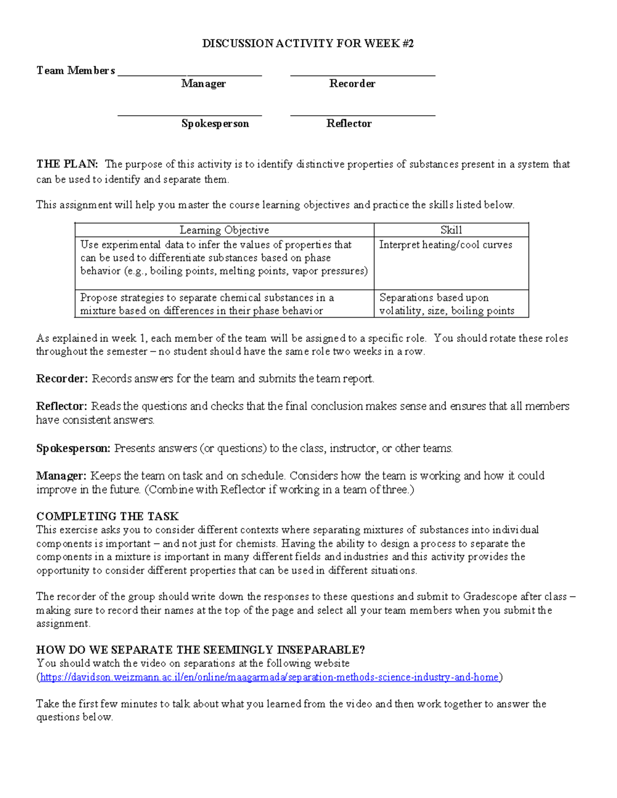 Discussion Worksheet Week 2 - DISCUSSION ACTIVITY FOR WEEK Team Members