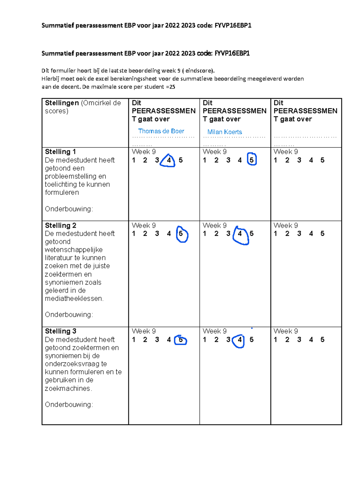 Peer assesment ebp p1 - Summatief peerassessment EBP voor jaar 2022 ...