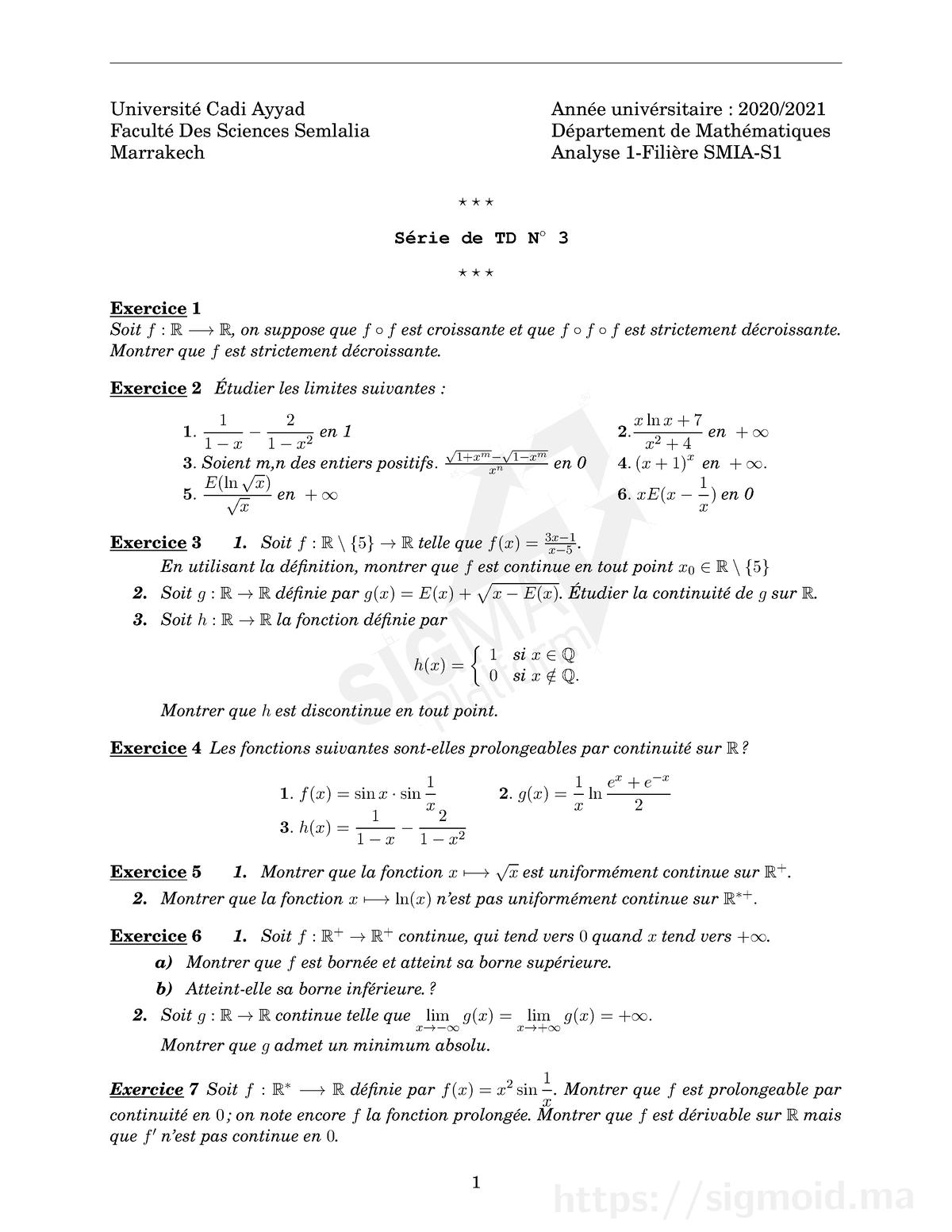 TD 3 - TD D'Analyse 1 SMIA S1 - Université Cadi Ayyad Faculté Des ...