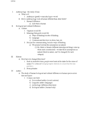Anthro 2a - Lecture notes Week1-week10 - Ling 1 Week 1 1. a four-field ...