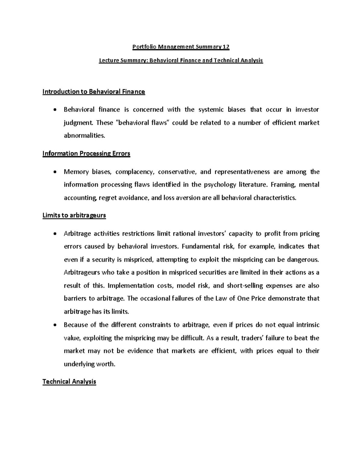 Portfolio Management Summary 12 Behavioral Finance Portfolio
