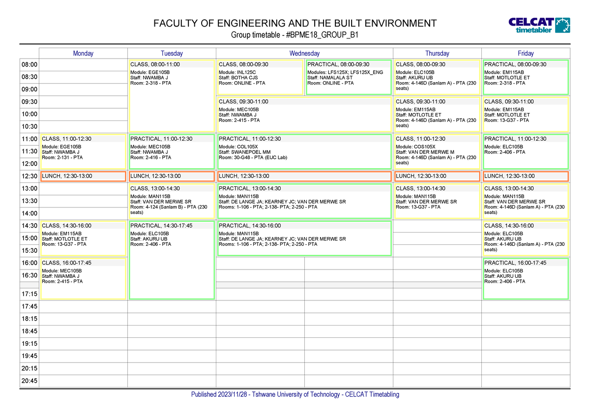 Celcat Timetable BPME18 semester 1 2024 - FACULTY OF ENGINEERING AND ...